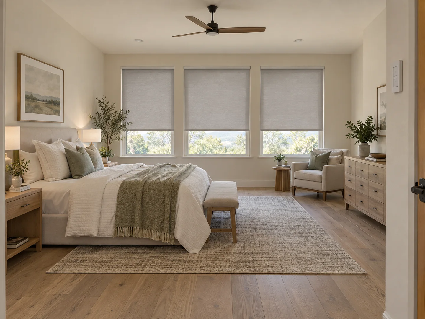 Bedroom with gray roller shades and a discreet wall control