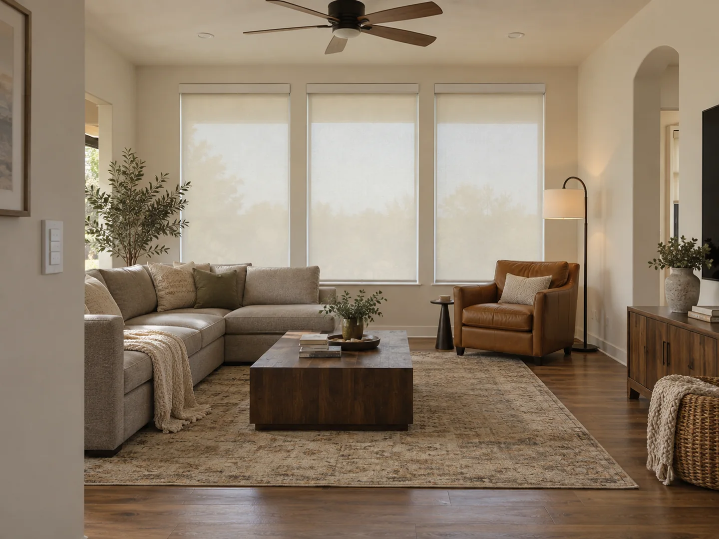 Living room with ivory roller shades and a wall-mounted control