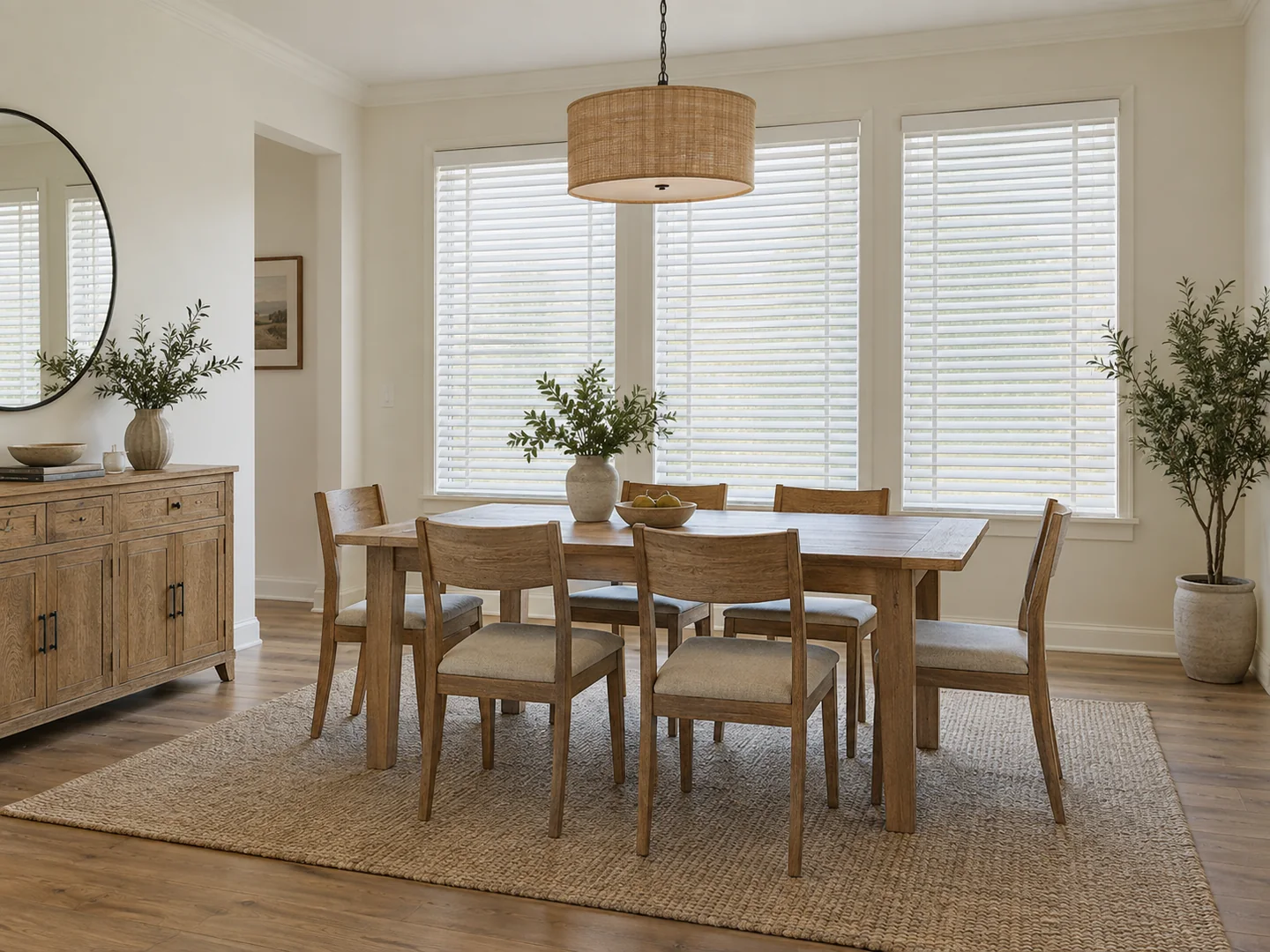 Dining room with white horizontal blinds across three windows