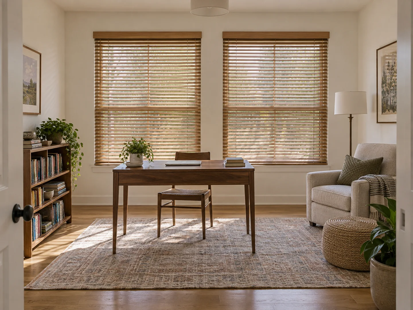 Home office with natural wood blinds across two large windows