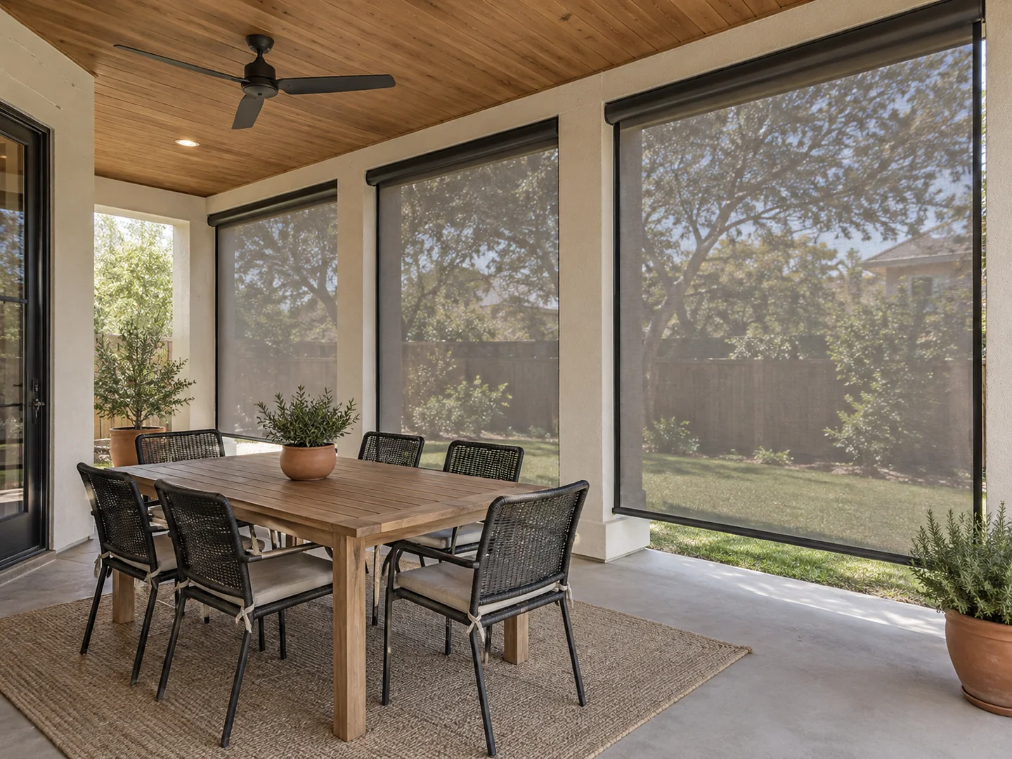 Covered outdoor dining area with sun-filtering exterior shades