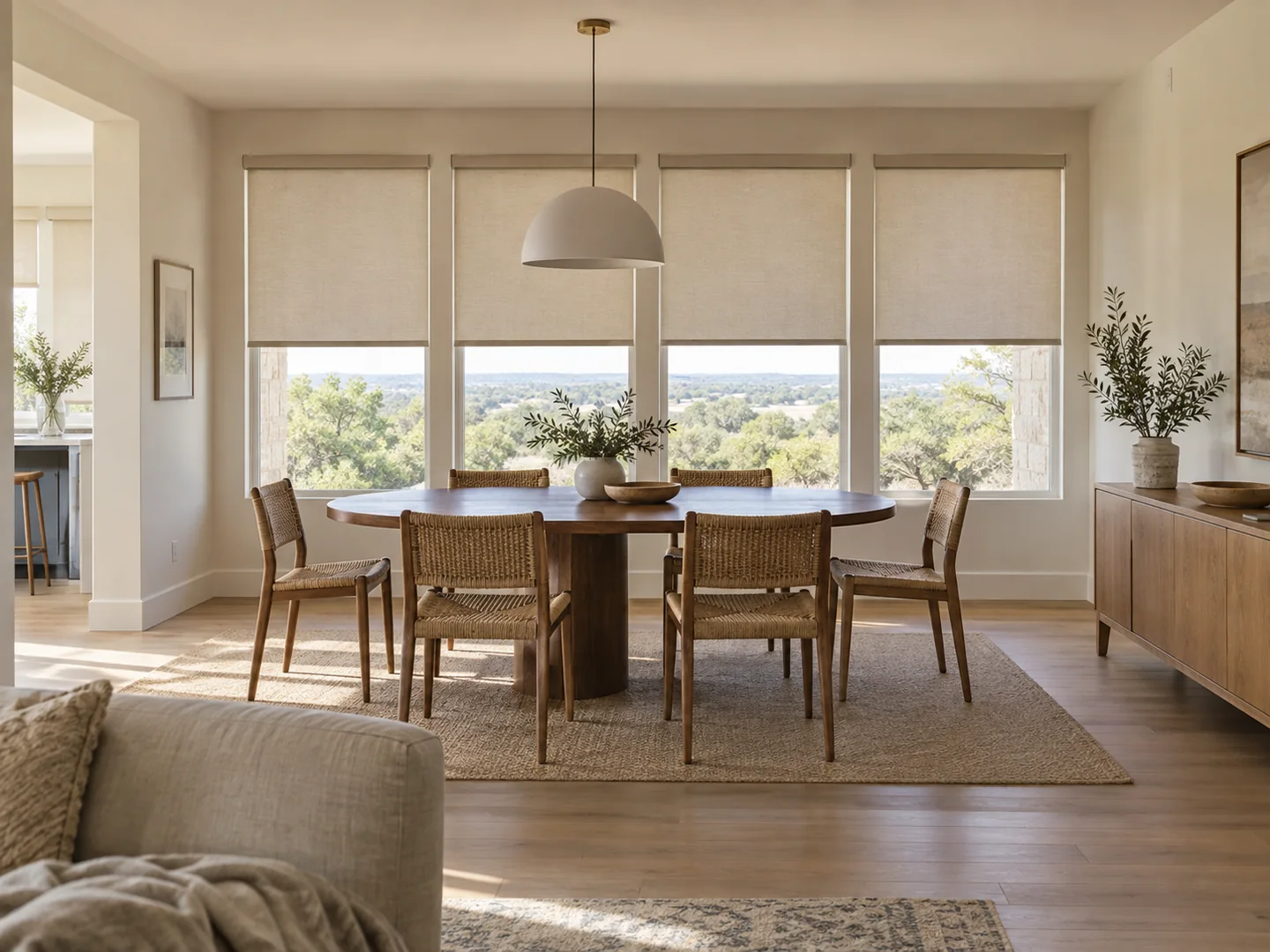 Open dining room with roller shades lowered evenly across four windows