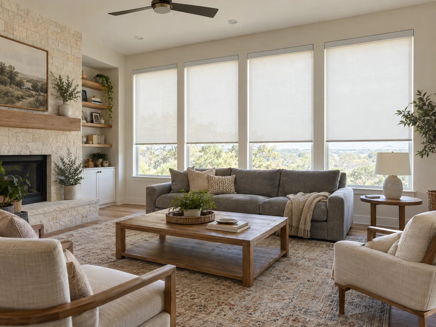 Family room with matching roller shades across four tall windows