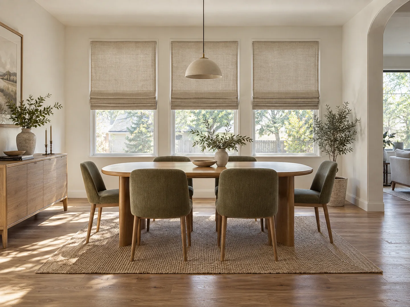 Dining room with oatmeal Roman shades and an oak table