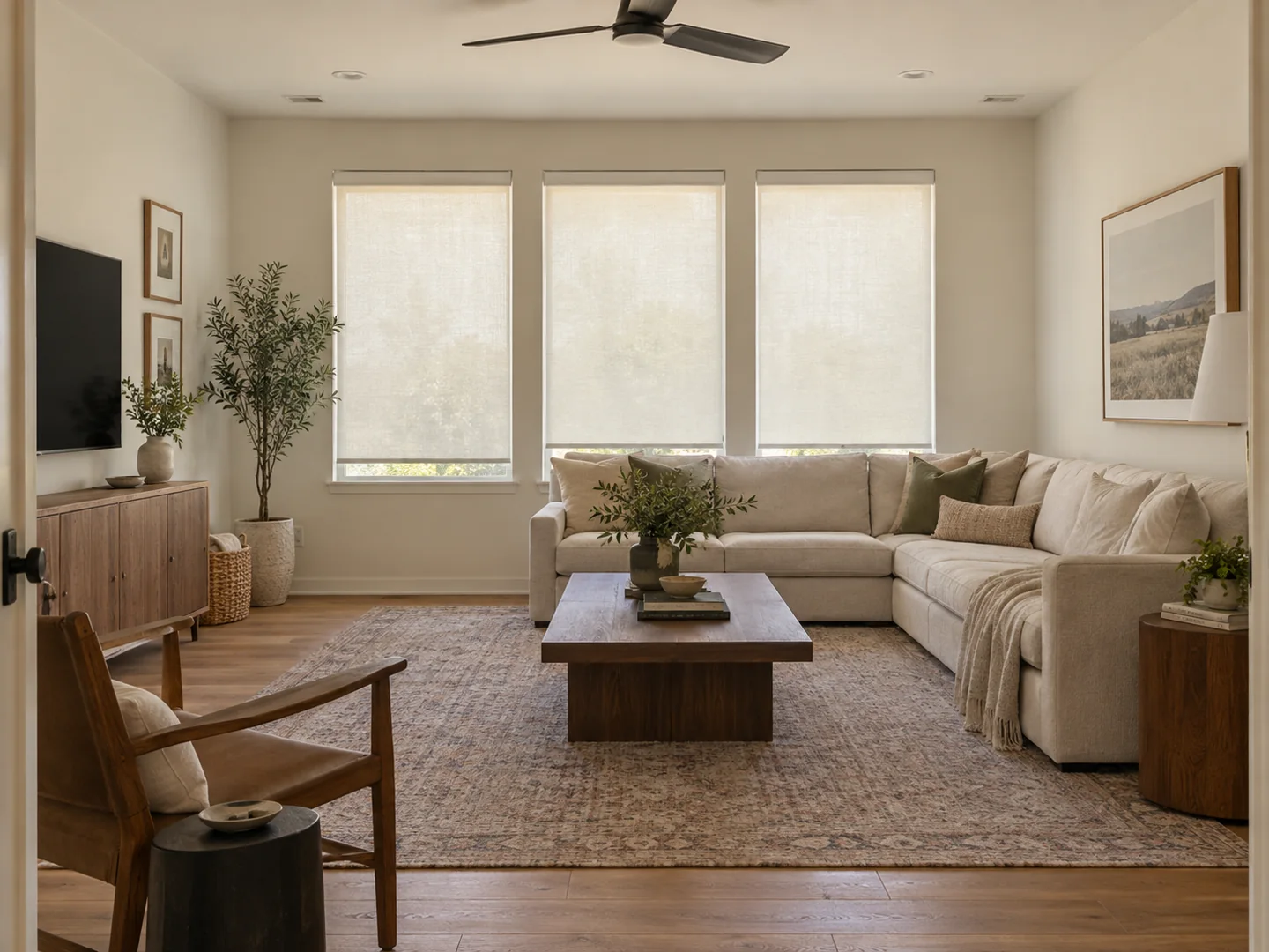 Full living room with light-filtering roller shades and a linen sectional