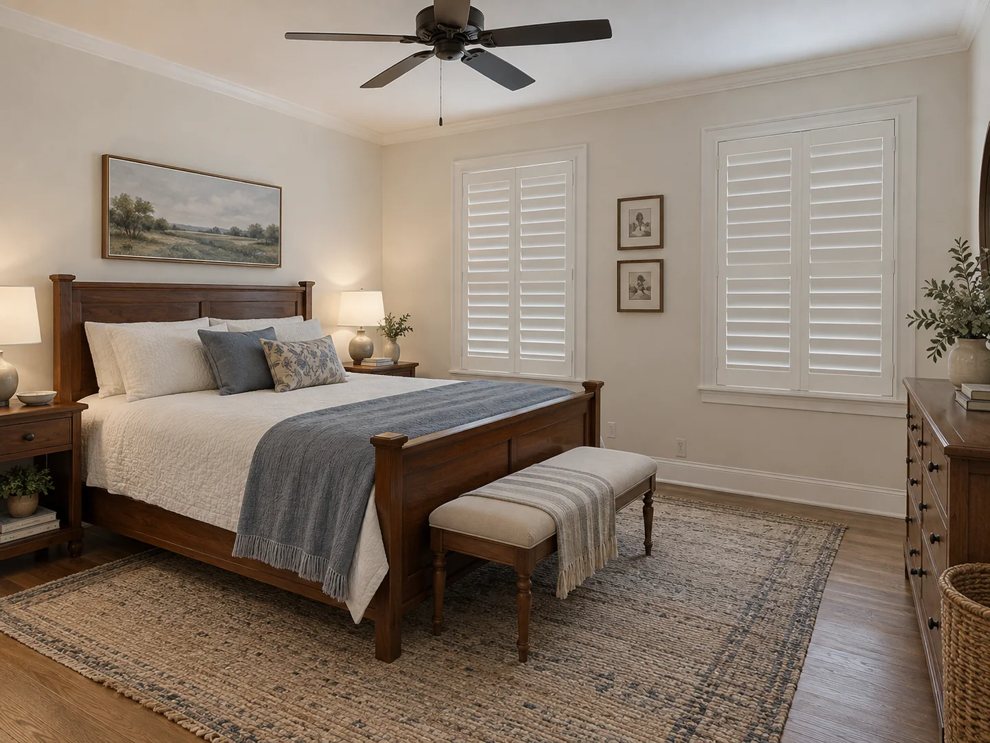 Bedroom with closed white plantation shutters and a walnut bed