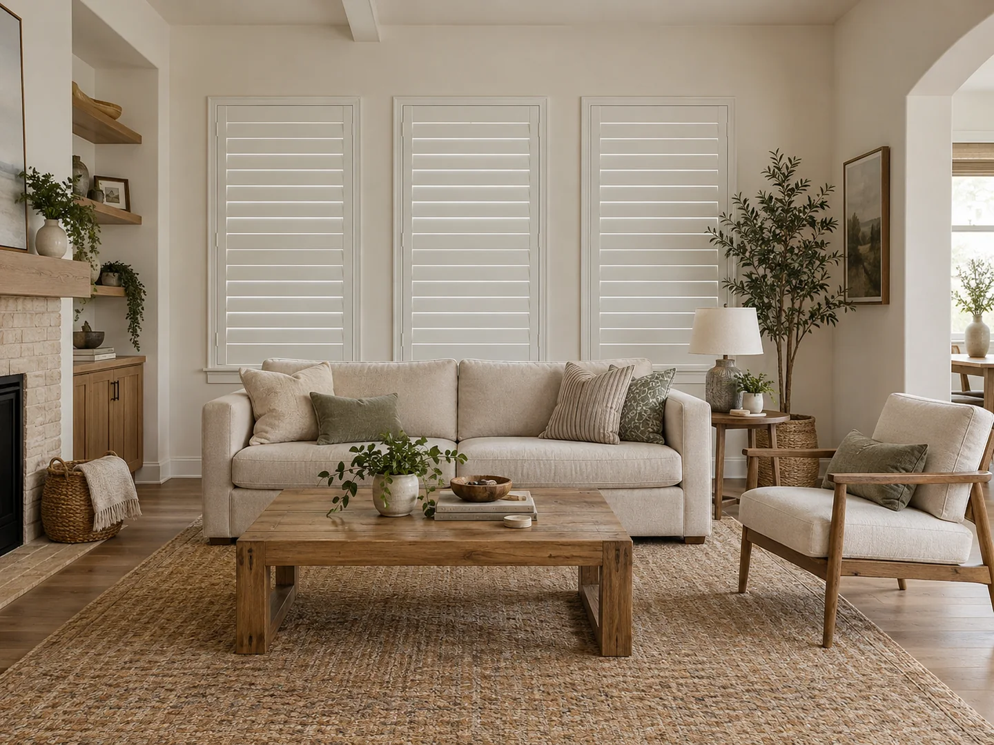 Living room with closed white plantation shutters behind a linen sofa